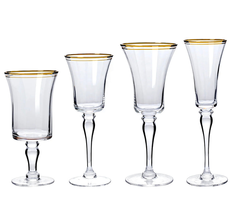 Classy double gold rim wine, high ball & Champagne flutes