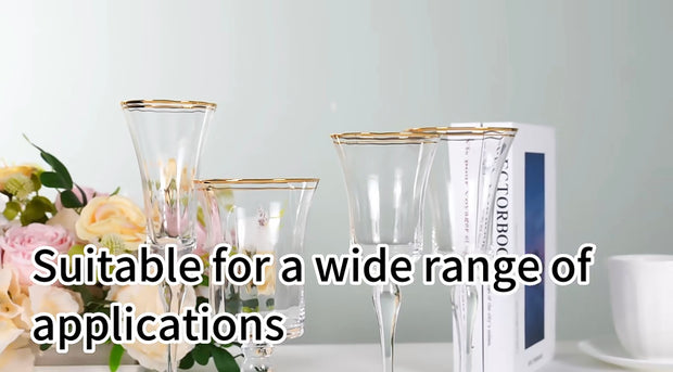 Classy double gold rim wine, high ball & Champagne flutes